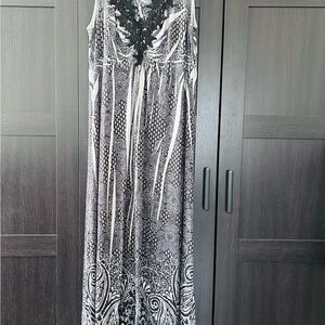 Christopher & Banks Black and White Paisley-Print Lace-Trim Maxi Dress